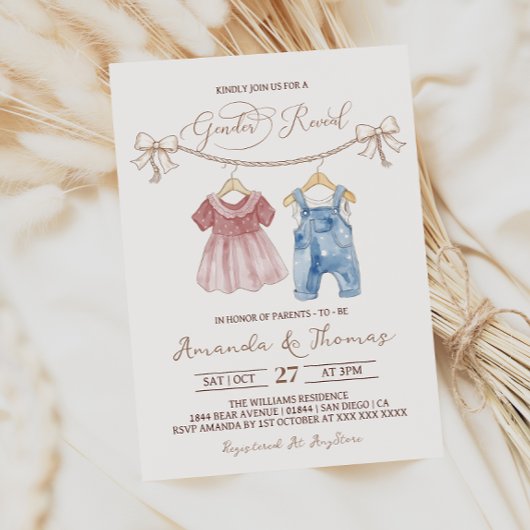 Invitation Boho Vêtements de bébé rose bleu Révélation de gen