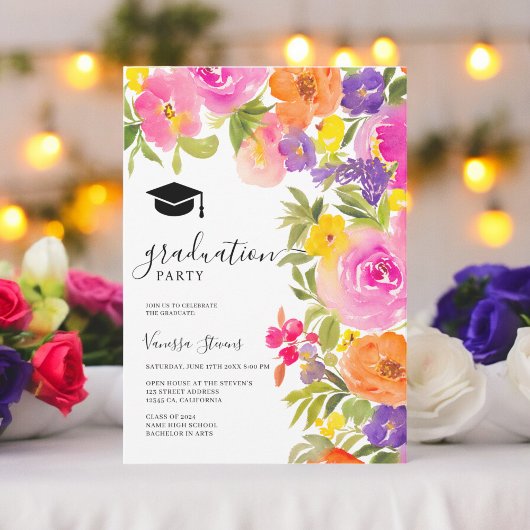 Invitation Boho vibrante jardin aquarelle fleurs graduation