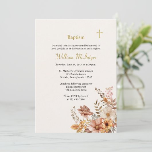 Invitation Boho Vin Léger Fleurs Feuilles Baptême orthodoxe (Debout devant)