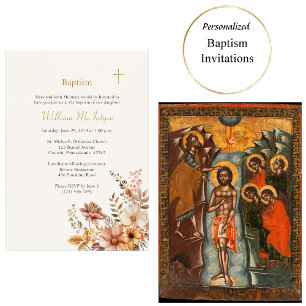 Invitation Boho Vin Léger Fleurs Feuilles Baptême orthodoxe