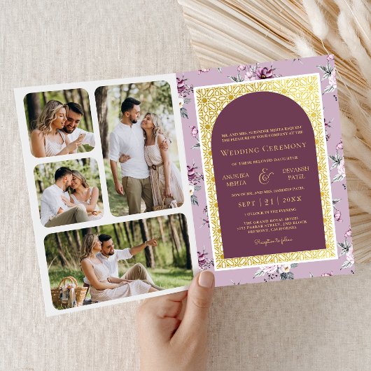 Invitation Boho Violet Floral Combinaison Dorée Mariage Indie