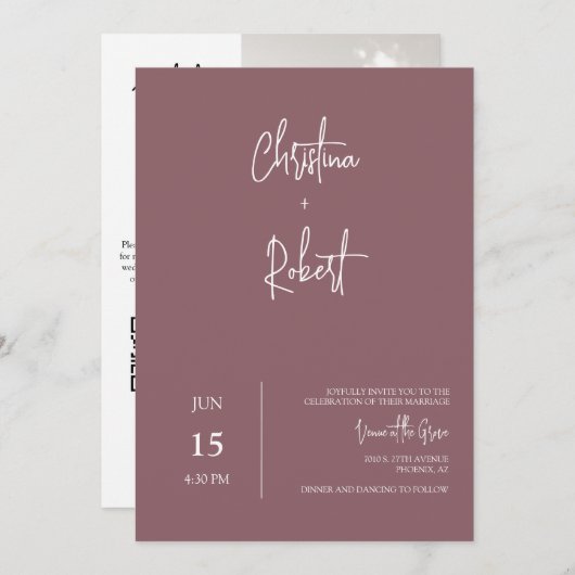Invitation Boho violet moderne Dusty Mariage Photo QR Code (Devant / Derrière)