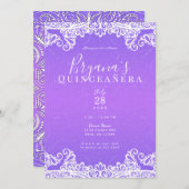 Invitation Boho Violet Rose Blanc Dentelle 15e Fête Quinceañe (Devant / Derrière)