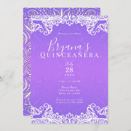 Invitation Boho Violet Rose Blanc Dentelle 15e Fête Quinceañe (Devant / Derrière)