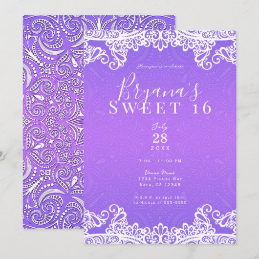 Invitation Boho Violet Rose & Blanc Dentelle Fête Douce 16 An (Devant / Derrière)