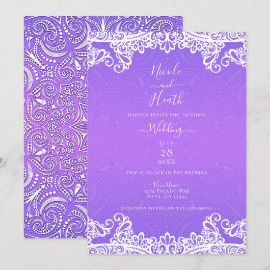 Invitation Boho Violet Rose Blanc Dentelle Motif Audacieux Ma (Devant / Derrière)