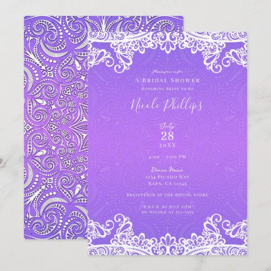 Invitation Boho violet rose & blanc Fête des mariées dentelle (Devant / Derrière)