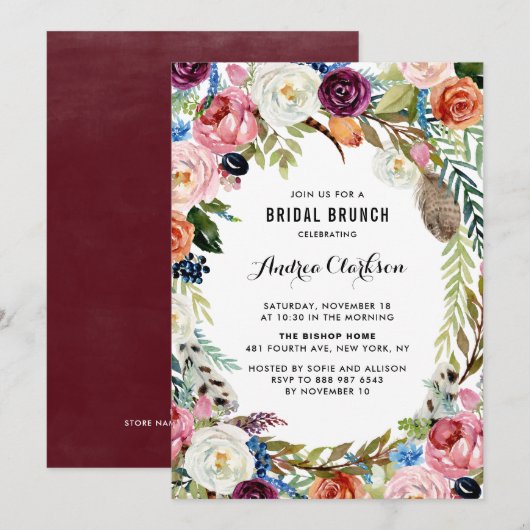 Invitation Boho Watercolor Automne Floral Frame Bridal Brunch (Devant / Derrière)