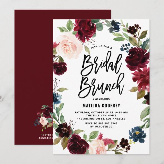Invitation Boho Watercolor Automne Floral Wreath Bridal Brunc (Devant / Derrière)