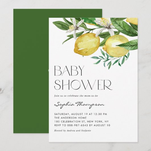 Invitation Boho Watercolor Baby shower citron et fleurs (Devant / Derrière)