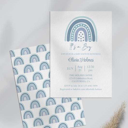 Invitation Boho Watercolor Blue Rainbow Baby shower