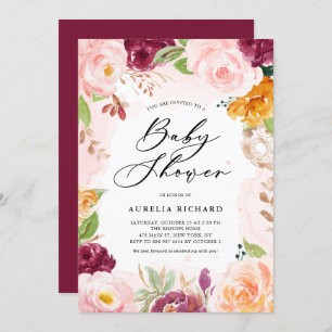 Invitation Boho Watercolor Blush Bourgogne Floral Baby shower