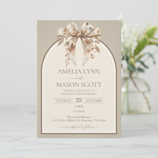 Invitation Boho Watercolor Bow Mariage (Debout devant)