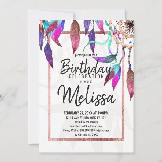 Invitation Boho Watercolor Dreamcatcher Rose Gold (Devant)