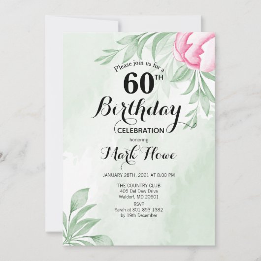 Invitation Boho Watercolor Eucalyptus Feuilles 60e anniversai (Devant)