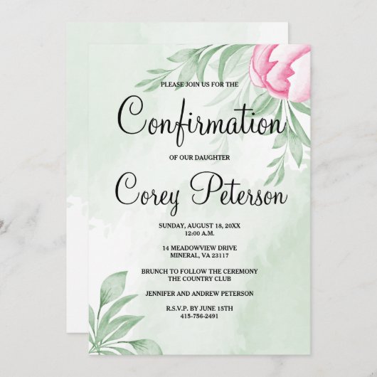 Invitation Boho Watercolor Eucalyptus Feuilles Confirmation (Devant / Derrière)