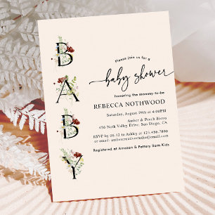 Invitation Boho Watercolor Fleur sauvage Baby shower rose pâl