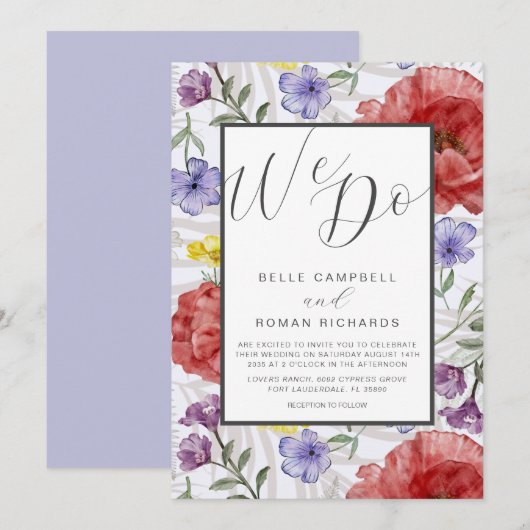 Invitation Boho Watercolor Fleur sauvage violet Mariage (Devant / Derrière)