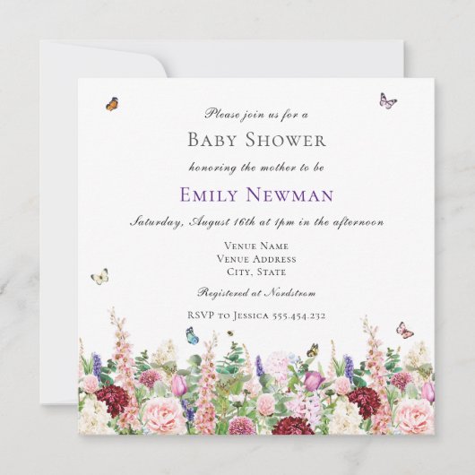 Invitation Boho Watercolor Floral Butterflies Baby shower (Devant)