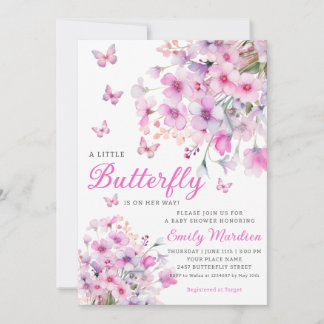 Invitation Boho Watercolor Floral Girl Baby shower papillon
