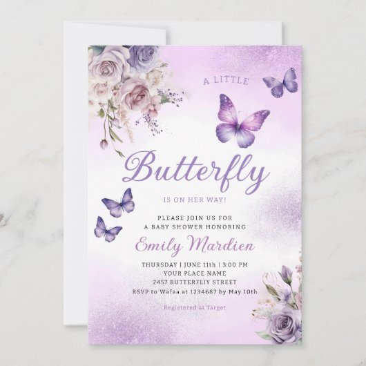 Invitation Boho Watercolor Floral Girl Baby shower papillon (Devant)