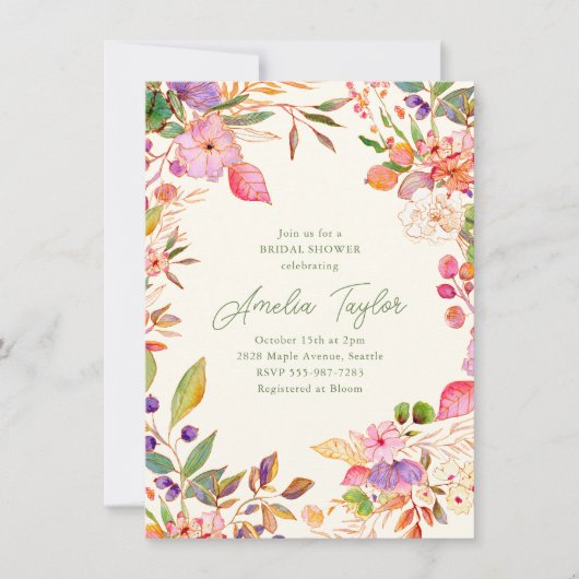 Invitation Boho Watercolor Floral Wildflower Bridal Shower (Devant)
