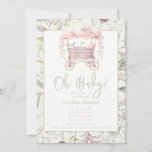 Invitation Boho Watercolor Flowers Baby shower Bassinet (Devant)