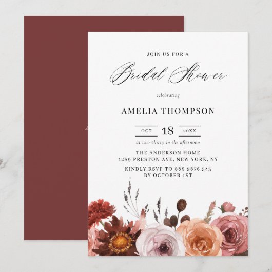 Invitation Boho Watercolor Flowers Garland Fête des mariées d (Devant / Derrière)