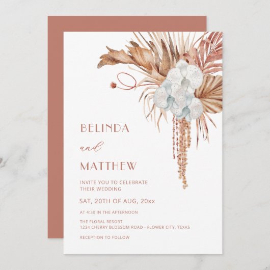Invitation Boho Watercolor Flowers Modern (Devant / Derrière)