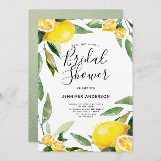 Invitation Boho Watercolor Lemon Fête des mariées (Devant / Derrière)