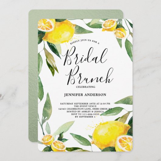Invitation Boho Watercolor Lemon Wreath Bridal Brunch (Devant / Derrière)