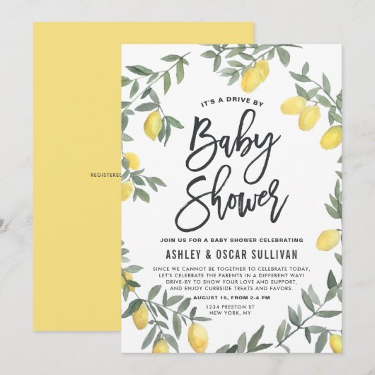 Invitation Boho Watercolor Lemon Wreath Drive Par Baby shower (Devant / Derrière)