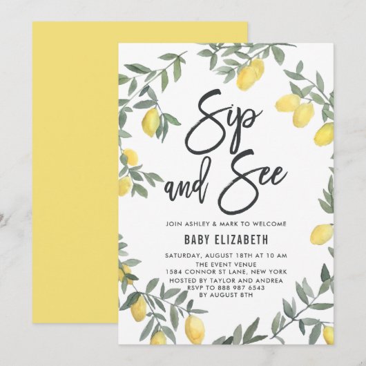 Invitation Boho Watercolor Lemon Wreath Sip et voir (Devant / Derrière)