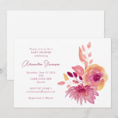 Invitation Boho Watercolor Magenta Red Flowers Baby shower (Devant / Derrière)