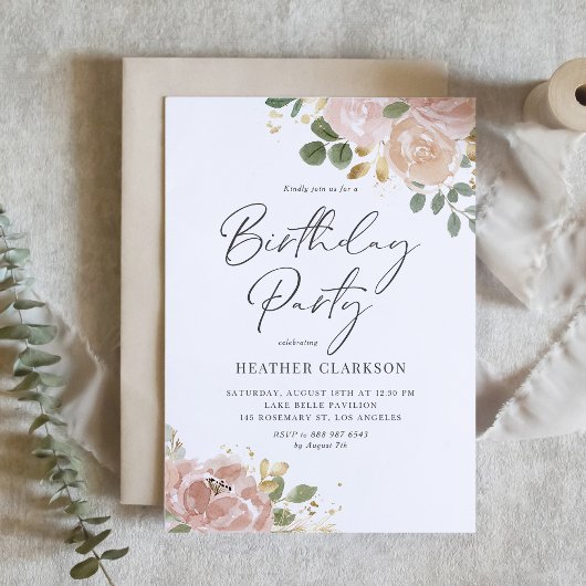 Invitation Boho Watercolor Mauve Peach Flowers Anniversaire