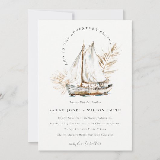 Invitation Boho Watercolor Palm Voilier Mariage marin (Devant)
