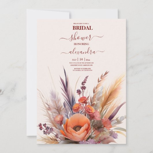 Invitation Boho Watercolor Pampas Grass Bride (Devant)