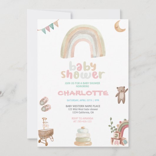 Invitation Boho Watercolor Rainbow Girl Baby shower (Devant)