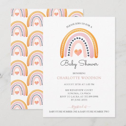 Invitation Boho Watercolor Rainbow Girl Baby shower (Devant / Derrière)
