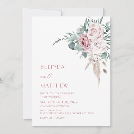 Invitation Boho Watercolor Roses Modern  (Devant)