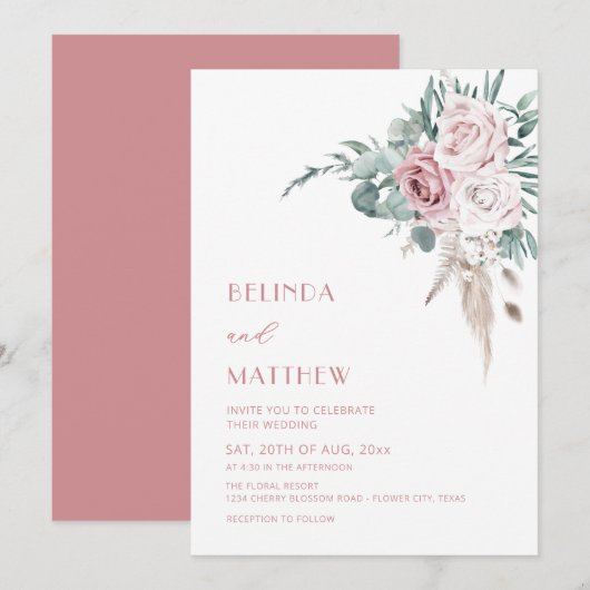 Invitation Boho Watercolor Roses Modern (Devant / Derrière)