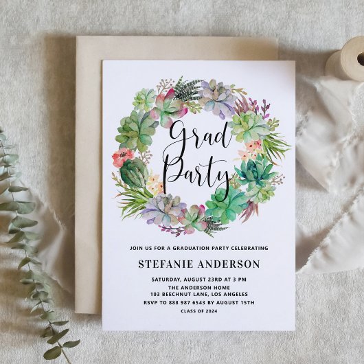 Invitation Boho Watercolor Succulents Wreath Graduation Party