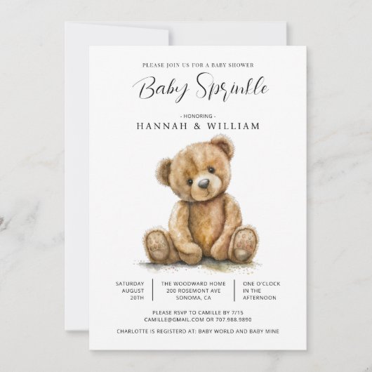 Invitation Boho Watercolor Teddy Bear Baby shower (Devant)