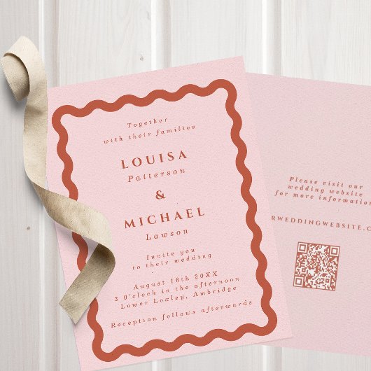 Invitation Boho Wavy Blush & Terracotta QR Code Mariage