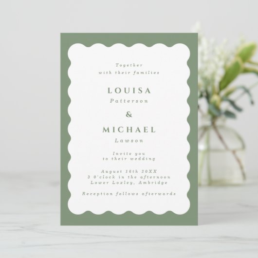Invitation Boho Wavy Border Mariage vert et blanc (Debout devant)