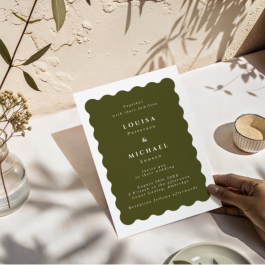 Invitation Boho Wavy Bordure Olive Vert & Blanc Mariage
