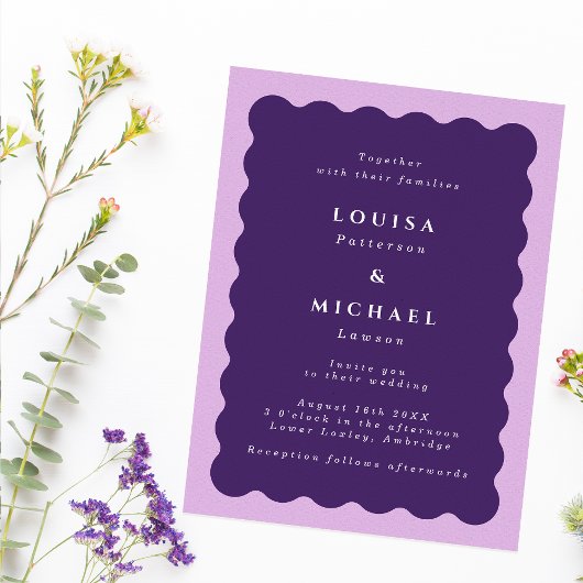 Invitation Boho Wavy Bordure violet et Mariage Lilac