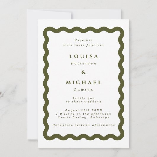Invitation Boho Wavy Frame Vert & Blanc Mariage (Devant)