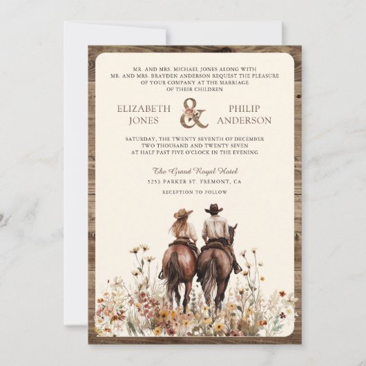 Invitation Boho Western Couple équitation Cheval QR Code Mari (Devant)
