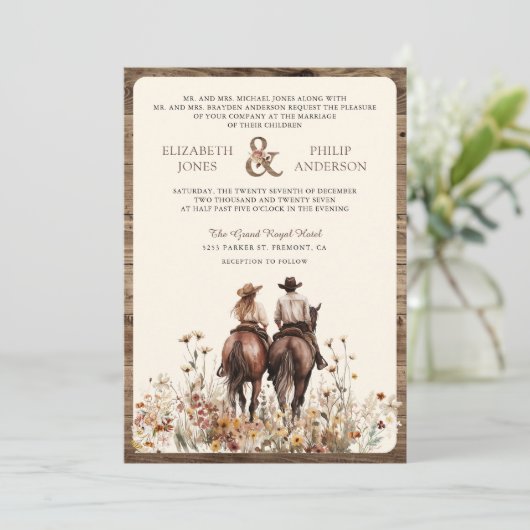 Invitation Boho Western Couple équitation Cheval QR Code Mari (Debout devant)